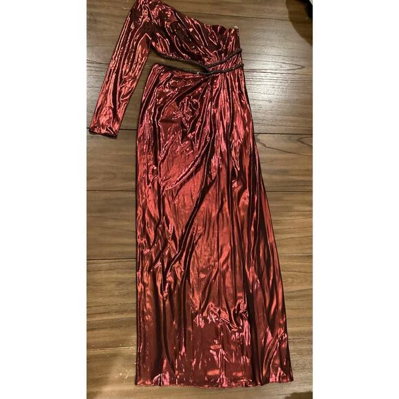 Marchesa Notte One-Shoulder slit Gown Metallic Red Cut Out Maxi Midi Dress 8 NWT - Picture 12 of 17